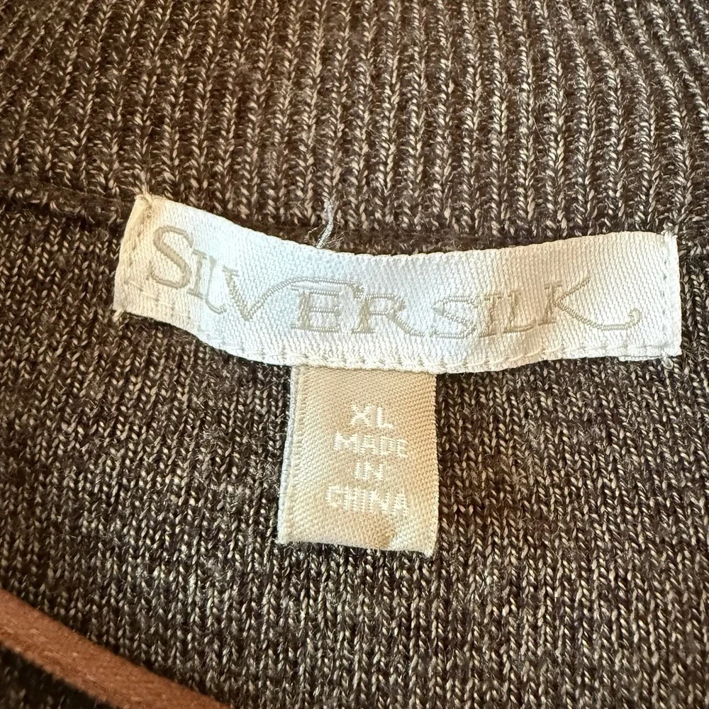 Silver Silk Full Zip Sweater Jacket Men's XL Brown Textured Knit Microsuede‎